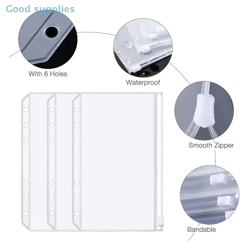8PCS PVC Binder Pocket Envelopes A5 A6 A7 Sizes with Zipper Document Filing Money Organizer Loose Leaf Inserts for Budgeting