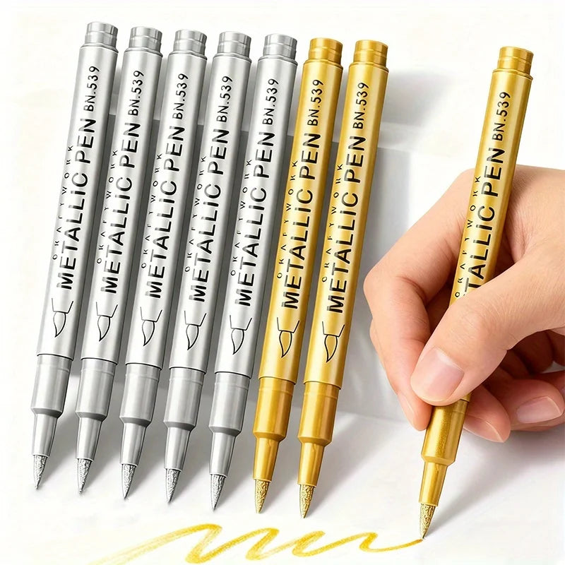 6-Pack Metallic Markers - Golden & Silver Brush & Fine Tip Artistic Markers with Quick-Drying Water-Based Ink, for Painting